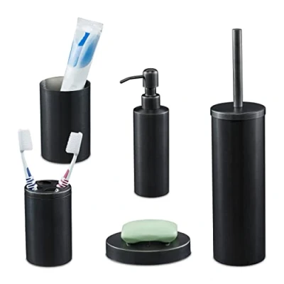 Image of Relaxdays 5 Piece Bathroom Accessory, Brushed Stainless Steel, Complete Toilet Set, Modern Design, Anthracite, 100%, 39 x 9.5 cm