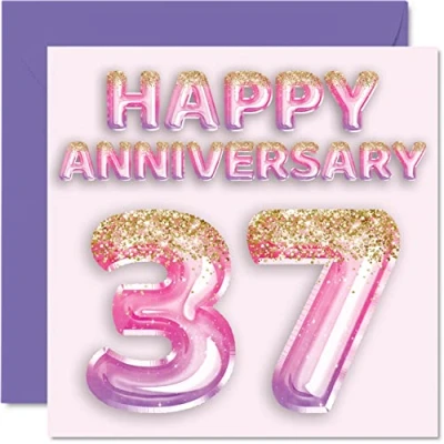 Image of Pretty 37th Anniversary Card for Wife Girlfriend Husband Boyfriend Pink Purple Glitter Balloon Happy 37 Cards from Family, 145mm x Greeting Thirty Seventh Anniversaries