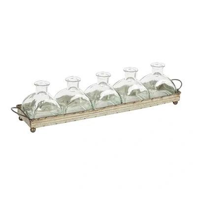 Image of Decorative Iron Rectangle Tray with Handles &amp; 5 Glass Vases