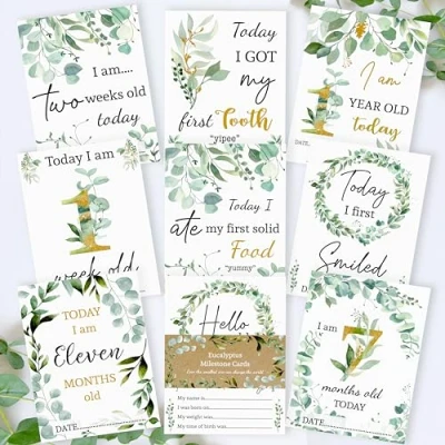 Image of Botanical Boho Eucalyptus Baby Milestone Cards Leaf Inspired Newborn Memory Keepsake Perfect Boy &amp; Girl Gift Set Nature Themed First Year Moments Unique