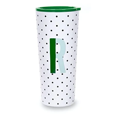 Image of Kate Spade New York Insulated Stainless Steel Initial Tumbler, 24 Ounce Double Wall Travel Cup with Lid, R (Green)