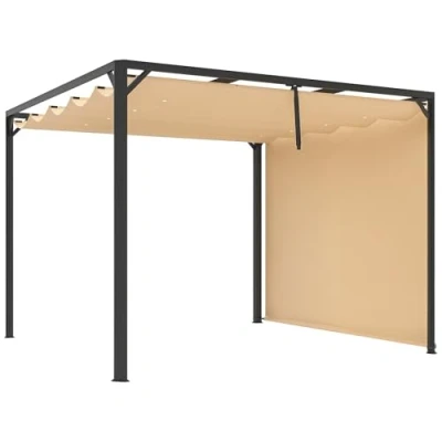 Image of 3 x 3(m) Pergola with Retractable Roof &amp; Roller Shade, Khaki Outsunny
