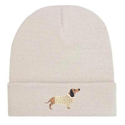 Image of TeddyT&#039;s Women&#039;s Sausage Dachshund Dog Embroidered Beanie Hat (Light Sand)