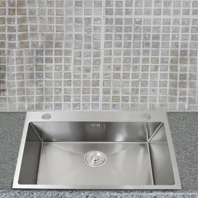 Image of Kitchen Sink Stainless Steel Square Brushed Premium Handmade Satin Finish Commercial Single Bowl with Strainer Plug &amp; Waste Pipe Set