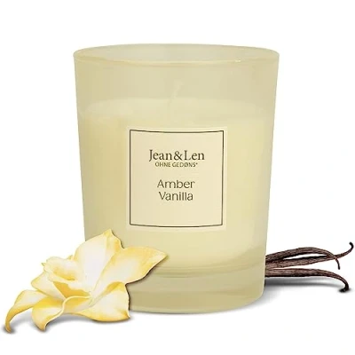 Image of Jean &amp; Len Amber Vanilla Scented Candle for Cosy Evenings at Home, Handmade with Tart Delicate Fragrance, in Stylish Glass, Vegan, 120 g