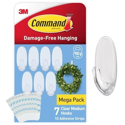 Image of Command Clear Medium Hooks with Strips, Multi pack of 7 + 10 Adhesive Strips Indoor Use Suitable for Hanging items up to 900 g Damage Free