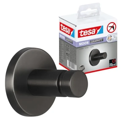 Image of tesa Moon Towel Hook in Brushed Graphite self Adhesive Made of PVD Coated Metal Drill Free, incl. Solution 37 mm x 36