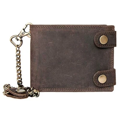 Image of HMT Brown RFID Genuine Leather Wallet Made of Sturdy Cowhide with Two Buckles and Chain