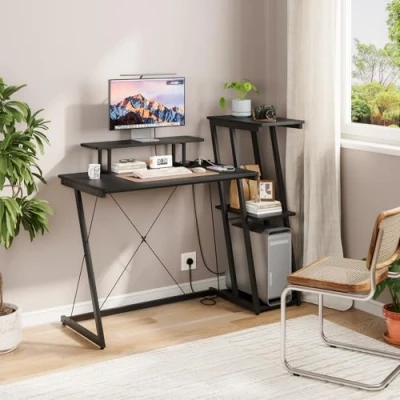 Image of Dripex Computer Desk with 3 Tier Reversible Storage Shelves, Small Office Power Outlets &amp; USB Charging Ports, Modern Work Study Table for Home Office, Black