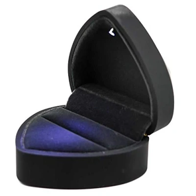 Image of Ring Box, Heart Shape Velvet Wedding Jewelry Box with LED Light for Proposal Engagement, Black