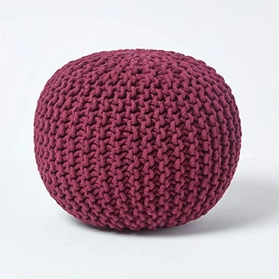 Image of HOMESCAPES Plum Knitted Pouffe Footstool Bean Filled 100% Cotton for Living Room Children or the Elderly