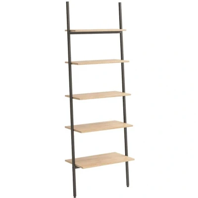 Image of vidaXL 5 Tier Leaning Shelf Light Brown and Black Steel Frame Modern Freestanding Bookshelf Easy Assembly