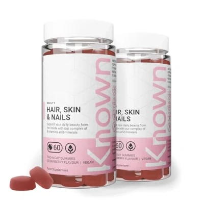 Image of Known Tasty Hair, Skin &amp; Nails Gummies Multivitamin Supports Beauty from Within Natural Strawberry Flavour 60 Vegan Gummies, 2 Months Supply