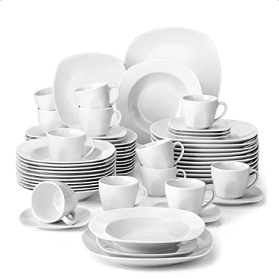 Image of MALACASA Dinner Sets for 12 People, 60 Piece Porcelain Plates and Bowls Set with Plates/Dessert Plates/Soup Plates/Cups Saucers, Series Elisa, Ivory White