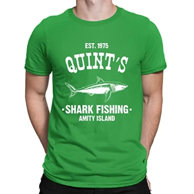 Image of Mens Quints Fishing Shark Jaws Inspired Amity Cult Movie T Shirt Green (XL)