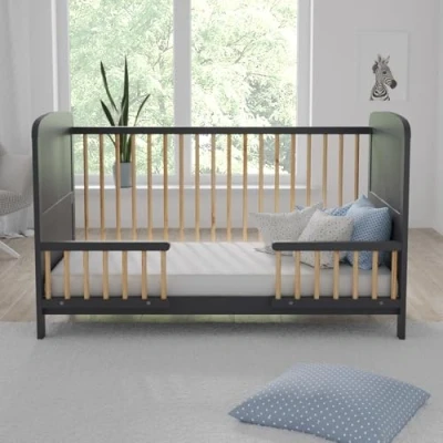 Image of Love For Sleep MADDOX Cot Bed 140x70cm Adjustable Base, Converts to Toddler &amp; Sofa Wooden Barriers Included Baby Crib from Birth 6 Years (Anthracite/Pine, Bed)