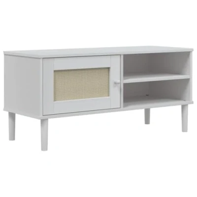 Image of vidaXL TV Cabinet Unit Stand SENJA White, Rattan Look, Pine Wood, 106x40x49 cm, Living Room/Bedroom Modern Style