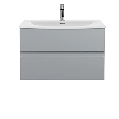 Image of Hudson Reed URB206G Urban Modern Bathroom Wall Hung 2 Soft Close Drawers Vanity Unit with Round Ceramic Basin 30mm Profile, 800mm, Satin Grey