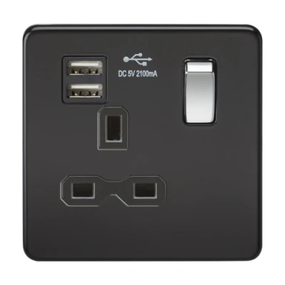 Image of KnightsBridge 1G 13A Screwless Matt Black Switched Socket with Dual 5V USB Charger Ports Insert