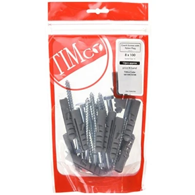 Image of 5x TIMCO Coach Screws &amp; Nylon Plugs Zinc 08100CSCNB Pack of 12
