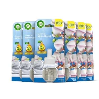 Image of Air Wick Linen &amp; White Orchid Liquid Electrical Single Refills 6x19ml, Lasting for up to 100 days, Freshener