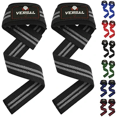Image of VERSAL VSL Weight Lifting Straps Neoprene Padded Wrist Wraps, 100% Cotton Hand Bar Grips Support Gym for Deadlift Powerlifting Crossfit Strength Training Weightlifting (Grey/Black)