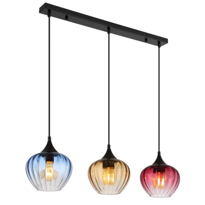Image of Sander Bar Pendant Ceiling Light Matt Black Blue Blending Glass Shade 3x E27