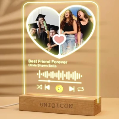 Image of Uniqicon Custom Music Plaque Spotify Code Anniversary Couples Song Gift Ideas Led Light Gifts Walnut Picture Frame for Mom Boyfriend Grandma Men