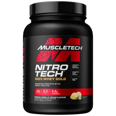 Image of MuscleTech NitroTech 100% Whey Gold Protein Powder, Build Muscle Mass, Isolate Powder &amp; Peptides, Shake For Men Women, 5.5g BCAA, 28 Servings, 908g, French Vanilla Cream