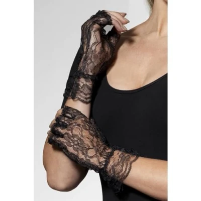 Image of Smiffys Fingerless Lace Gloves, Black , Fever Gloves Fancy Dress, Dress Up Accessories