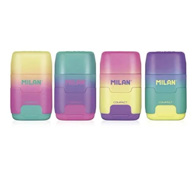 Image of MILAN Compact Sunset Plastic Pencil Sharpener 2 Uses with Eraser Assorted Colours