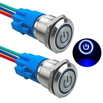 Image of Aiqeer 2 Pcs 19 mm Self locking Latching Push Button Switch, 12V / 24V 5A Car Ignition Starter IP67 Waterproof Stainless Steel with Pre Wired Socket (Blue LED)
