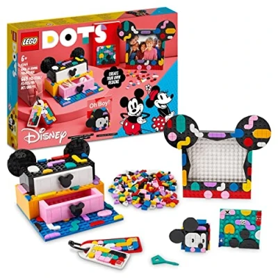 Image of LEGO 41964 DOTS Disney Mickey &amp; Minnie Mouse Back to School Project Box, 6in1 Toy Crafts Set with Bag Tags, Sticker Patch and Desk Tidy, Gifts for Kids Aged 6 Plus