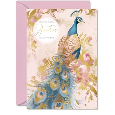 Image of Auntie Birthday Card Gold Peacock Beautiful Happy for from Niece Nephew, A5 Female Bird Bday Golden Greeting Cards