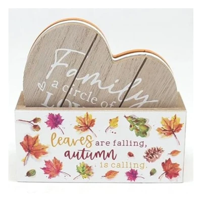 Image of Heart Shaped Coasters Set of 4 Wooden Autumn Fall Theme with Rack Holder Case