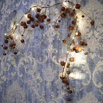 Image of SHATCHI 150cm Pre Lit Hanging Garland Decorations Golden/Silver Bells with 20 Warm White LEDs Christmas Home Wall Door Jingle Xmas Holiday DIY Crafts, Rustic Red, 150 CM