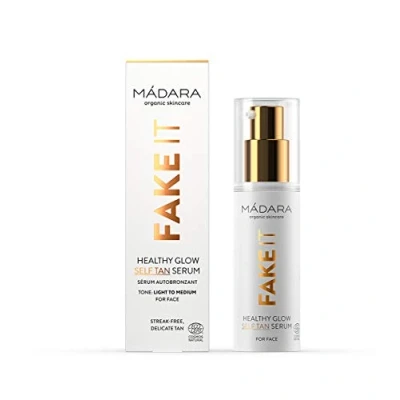 Image of MÁDARA Organic Skincare Fake It Healthy Glow Self tan Serum for Face 30ml, a beautiful bronze, tanner with raspberry seed oil, shea butter, hyaluronic acid and vitamin E, Vegan