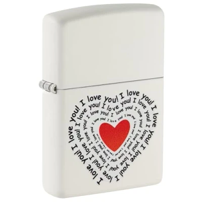 Image of Zippo Windproof Lighter I Love You Design White Matte Refillable for Lifetime Use Gift Box Metal Construction Made in USA, One Size