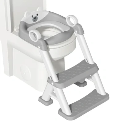 Image of Potty Training Toilet Seat, 2 in 1 Seat Adjustable Toddlers Trainer with Steps Non Slip Handle &amp; Soft Cushion Foldable Travel Toddler for Kids Boys Girls, Grey