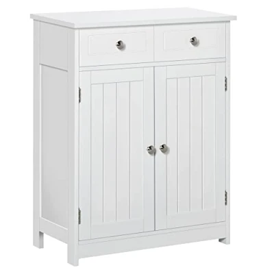 Image of kleankin 75x60cm Freestanding Bathroom Storage Cabinet Unit w/ 2 Drawers Cupboard Adjustable Shelf Metal Handles Traditional Style White