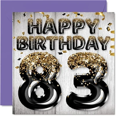Image of 83rd Birthday Card for Men Black &amp; Gold Glitter Balloons Happy Cards 83 Year Old Man Dad Great Grandad Grandpa Gran, 145mm x Eighty Three Third Greeting Gift
