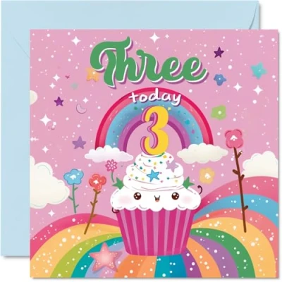 Image of 3rd Birthday Card Girl Cupcake Rainbow Happy for 3 Year Old Girl, Age Girls Cards Third Card, 145mm x Bday Greeting