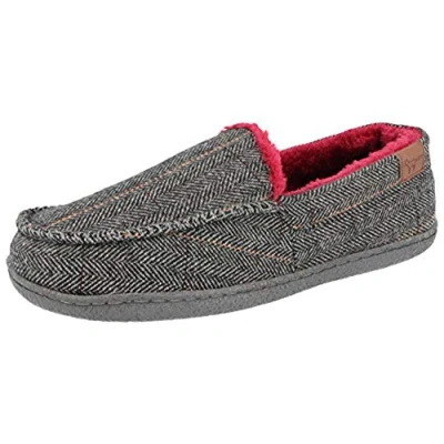 Image of Jo &amp; Joe Mens Faux Suede Slip on Textile Lined Moccasin Slippers Shoes Size 7 12 (UK 12, Grey/Red/Tweed)