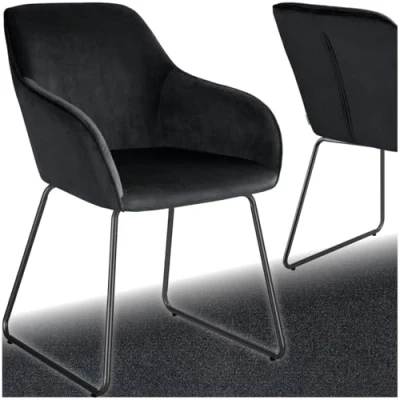 Image of TecTake® Dining Chair with Soft Velvet Look Cover &amp; Curved Steel Frame, Armchair Plush Padding Ergonomic Backrest, Ideal as Room, Kitchen, Living Room Desk Black