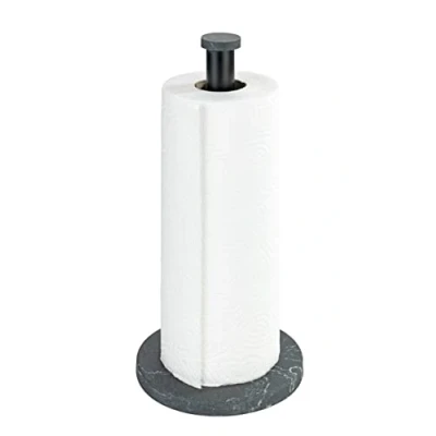 Image of WENKO kitchen roll holder marble, in elegant marble look for the kitchen, with base made of plastic and black bar metal, (W/D x H): Ø 15 32 cm,