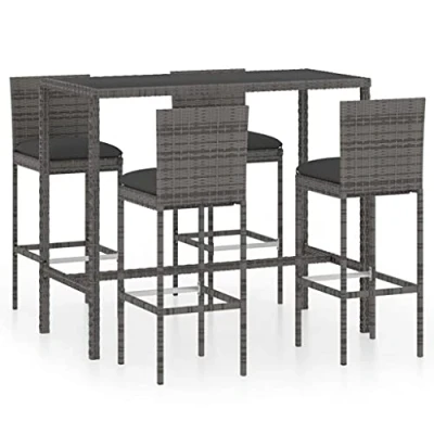Image of vidaXL 5 Piece Garden Bar Set Outdoor Poly Rattan Furniture with Cushions and Tempered Glass Tabletop Grey
