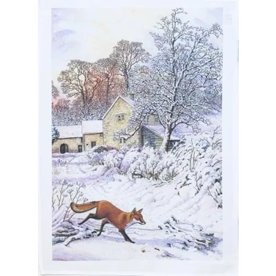 Image of Half a Donkey Fox in the snowy country lane large cotton tea towel