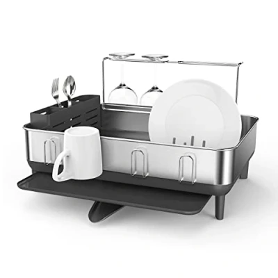 Image of simplehuman KT1181 Steel Frame Dish Rack, Kitchen Drainer, Drip Tray, 360º Swivel Spout, Wine Glass &amp; Cutlery Holder, Rustproof, Grey with Brushed Stainless Steel, W 51.4cm x H 29.2cm D 56.6cm
