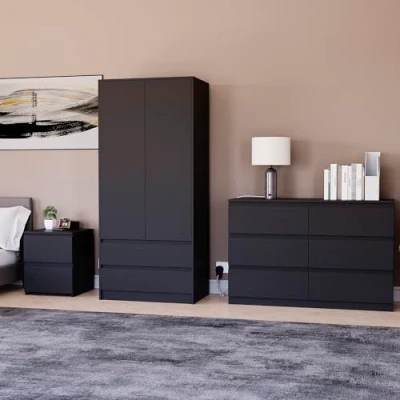 Image of Vida Designs Denver Bedroom Furniture Set (Black, 3pc 6 DWR Chest+2 Dr Wardrobe+2 Bedside Table)