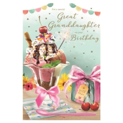 Image of ICG Special Great Granddaughter Birthday Card Ice Cream Sundae and Present Embossed with a Foil Finish